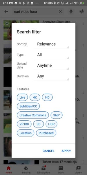 menu search filter di youtube